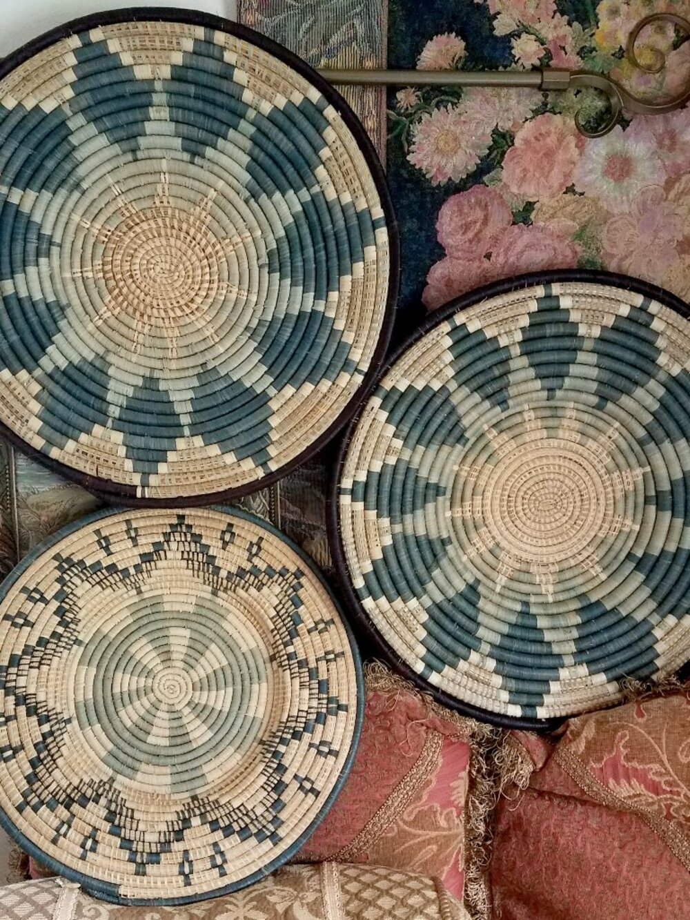Set of 3 Handwoven Ugandan Bowl Basket Wall Hangings Blue Shades